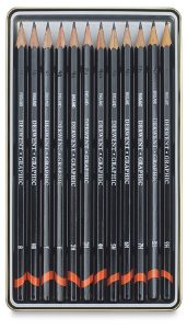 A box of pencils used by artists showing hardness factor levels.